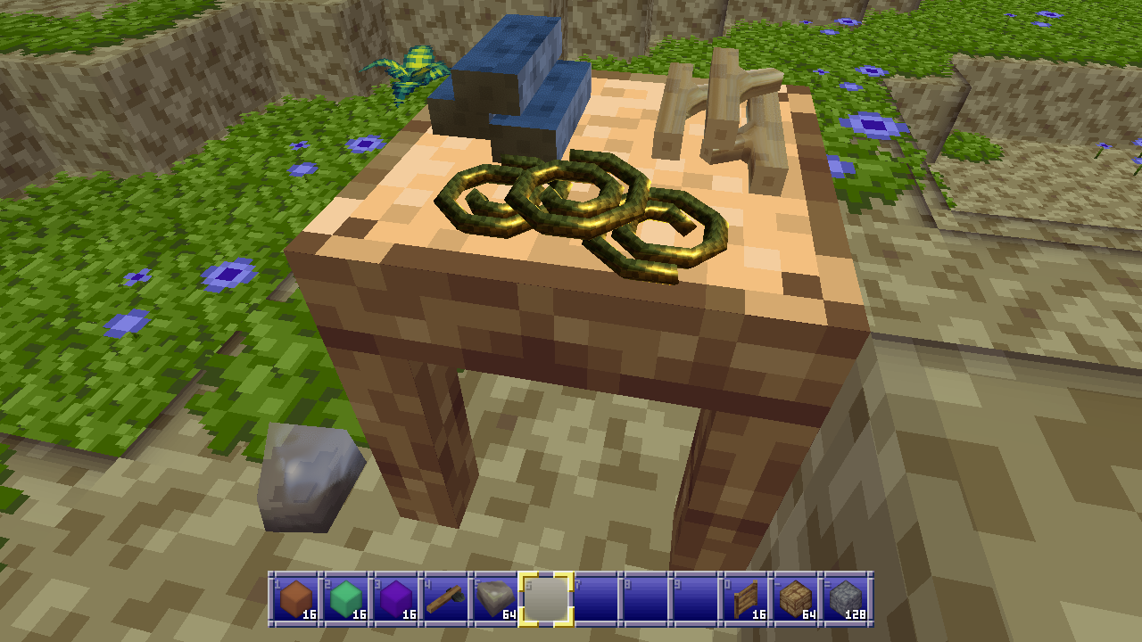 Carpentry table with metallic wood and cordage (steel and gold) and sticks (nonmetallic gold) and a piece of flint in nonmetallic steel on the ground.