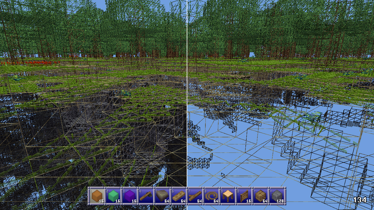 Comparison of depth occlusion culling on/off, off on left, on on right.