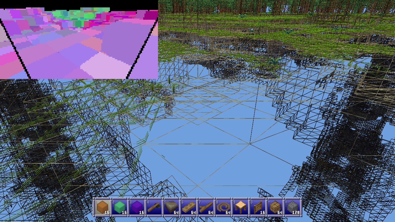 Occlusion debug view showing two diagonal gaps between 3 chunks extending out from the player's position. Along those lines cave chunks are visible all the way down.